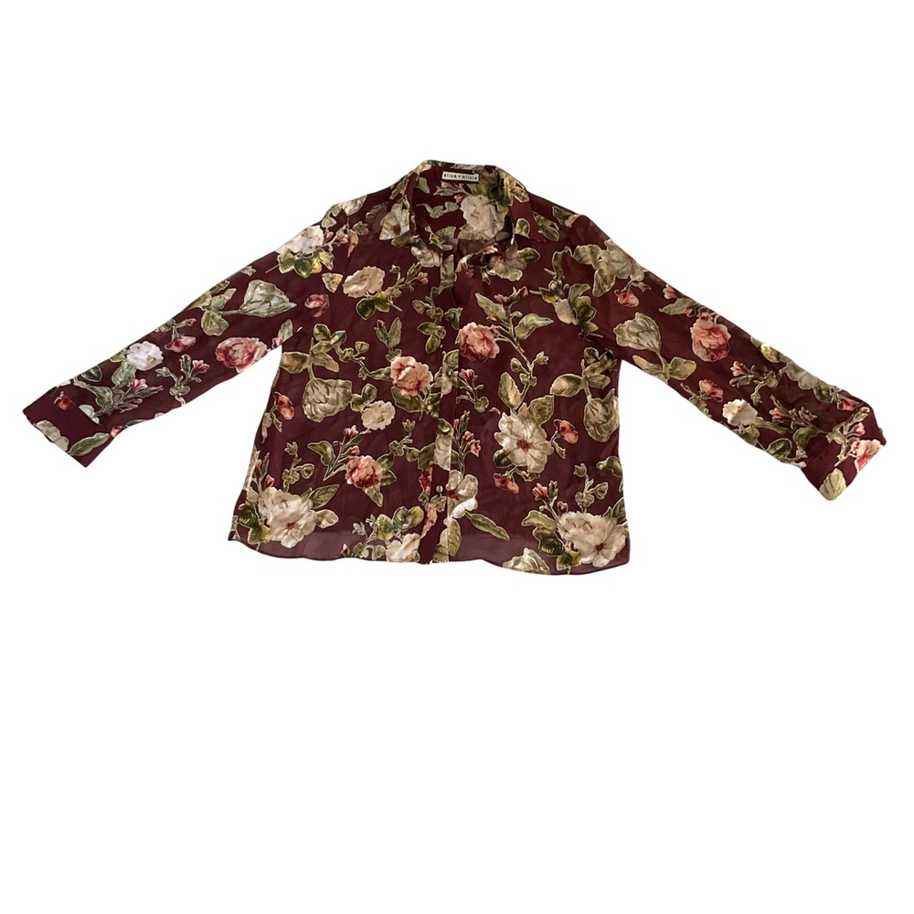 Alice + Olivia Blouse Womens M Burgundy Floral Silk Blend Burnout CC806B06004